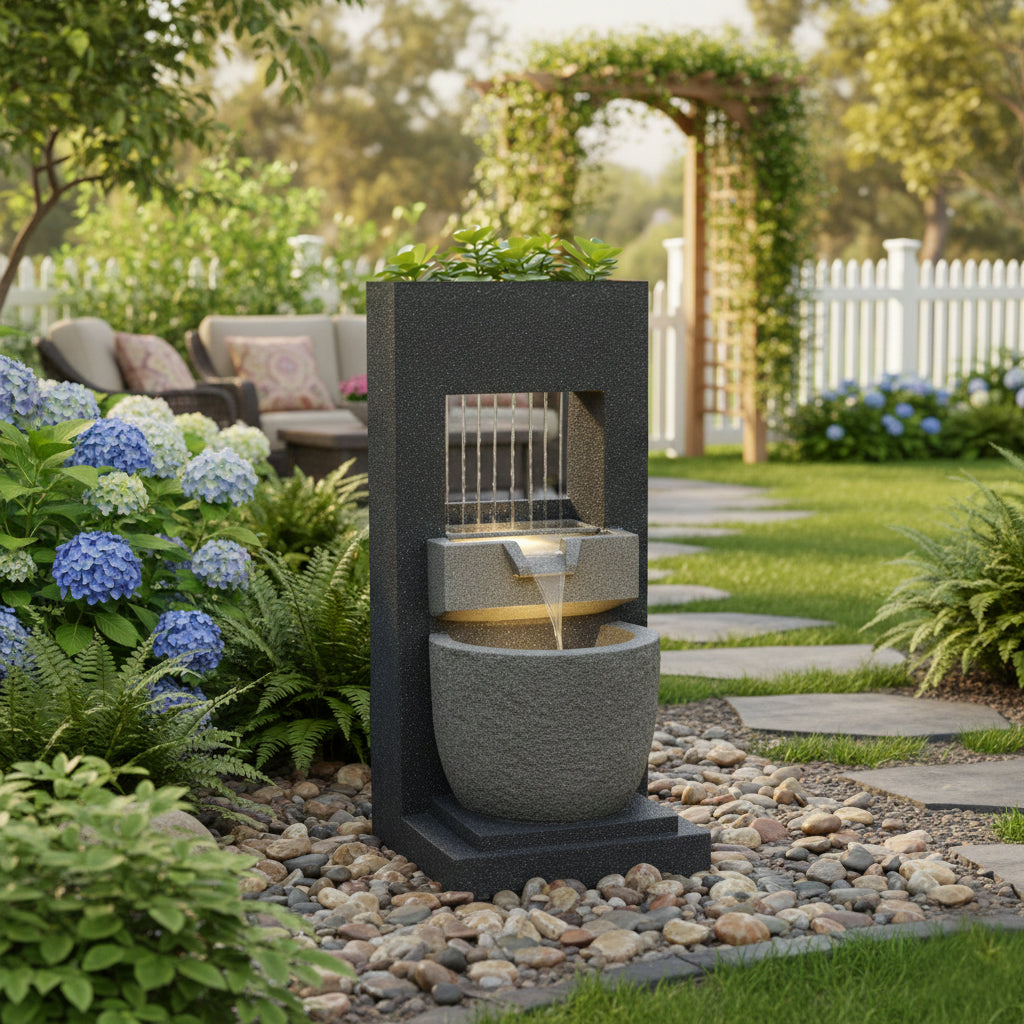 Sleek black electric water feature with cascading water, surrounded by lush greenery and colorful hydrangeas in a serene garden setting
