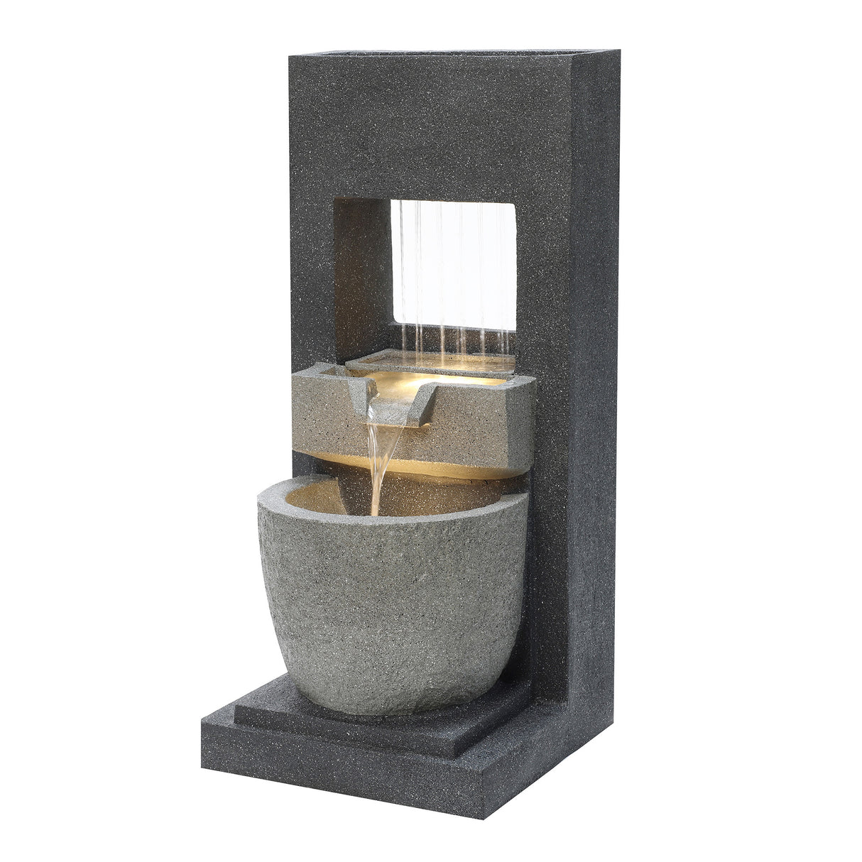 Sleek electric water feature with cascading water, textured dark stone finish, and illuminated basin for a tranquil ambiance