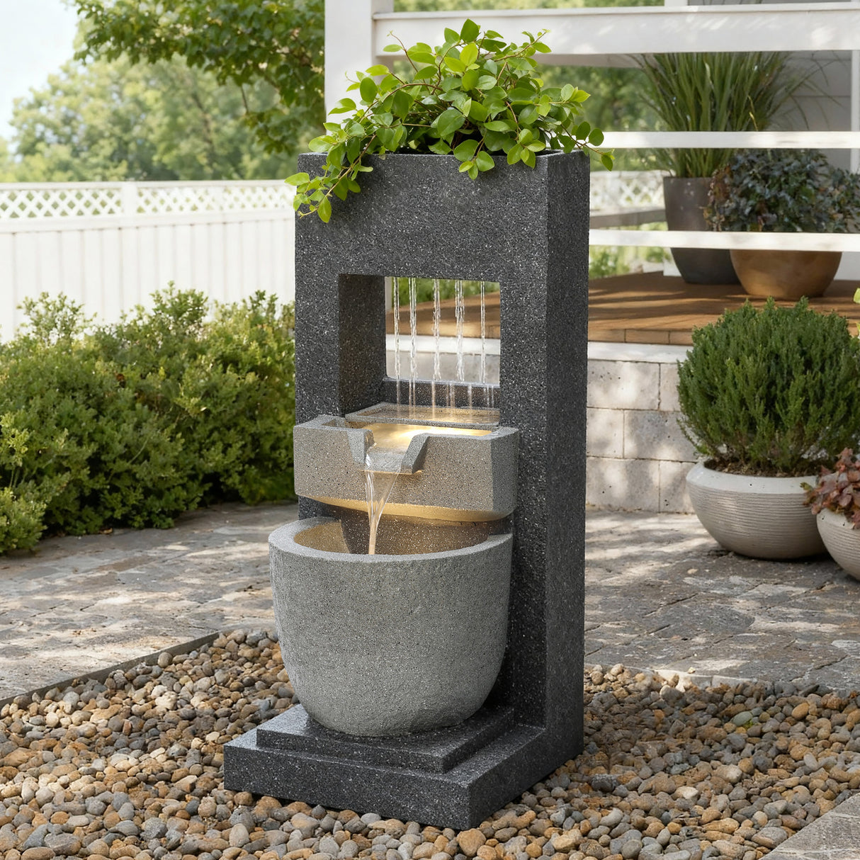 Sleek gray electric water feature with cascading water, stone texture, and vibrant greenery, perfect for outdoor relaxation
