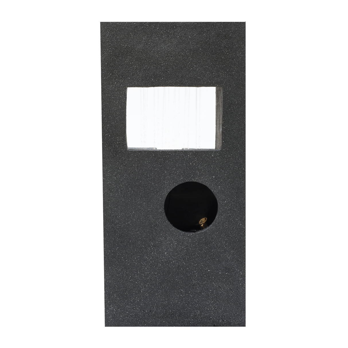 Sleek black electric water feature with a rectangular window and circular opening, designed for tranquil cascading water flow