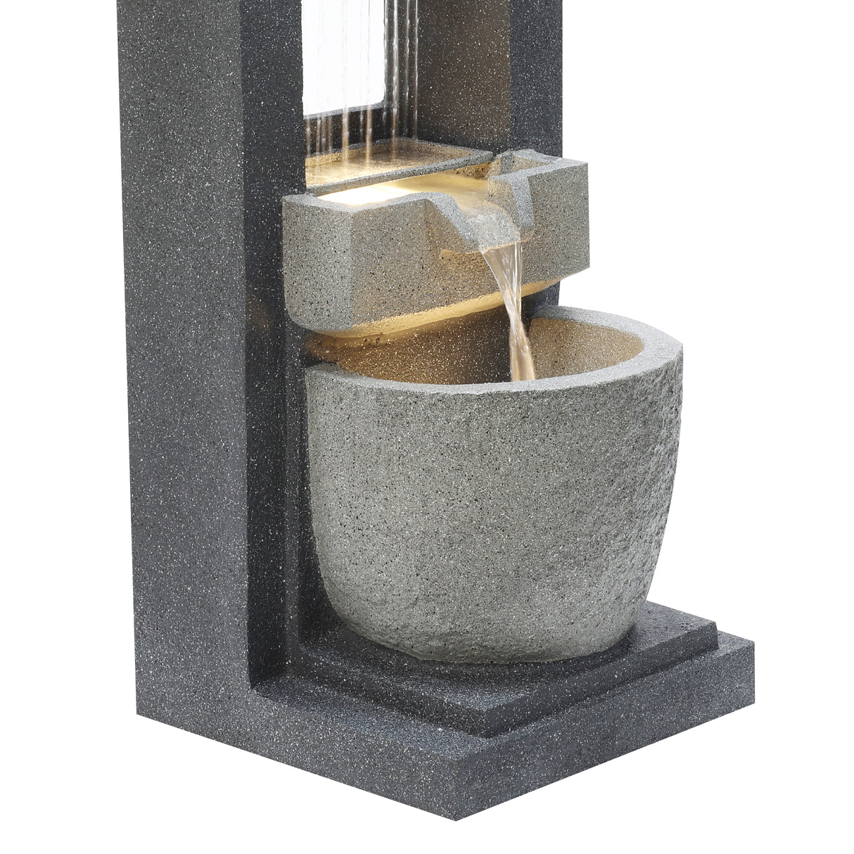 Sleek electric water feature with cascading water over textured stone, featuring a modern gray design and illuminated basin
