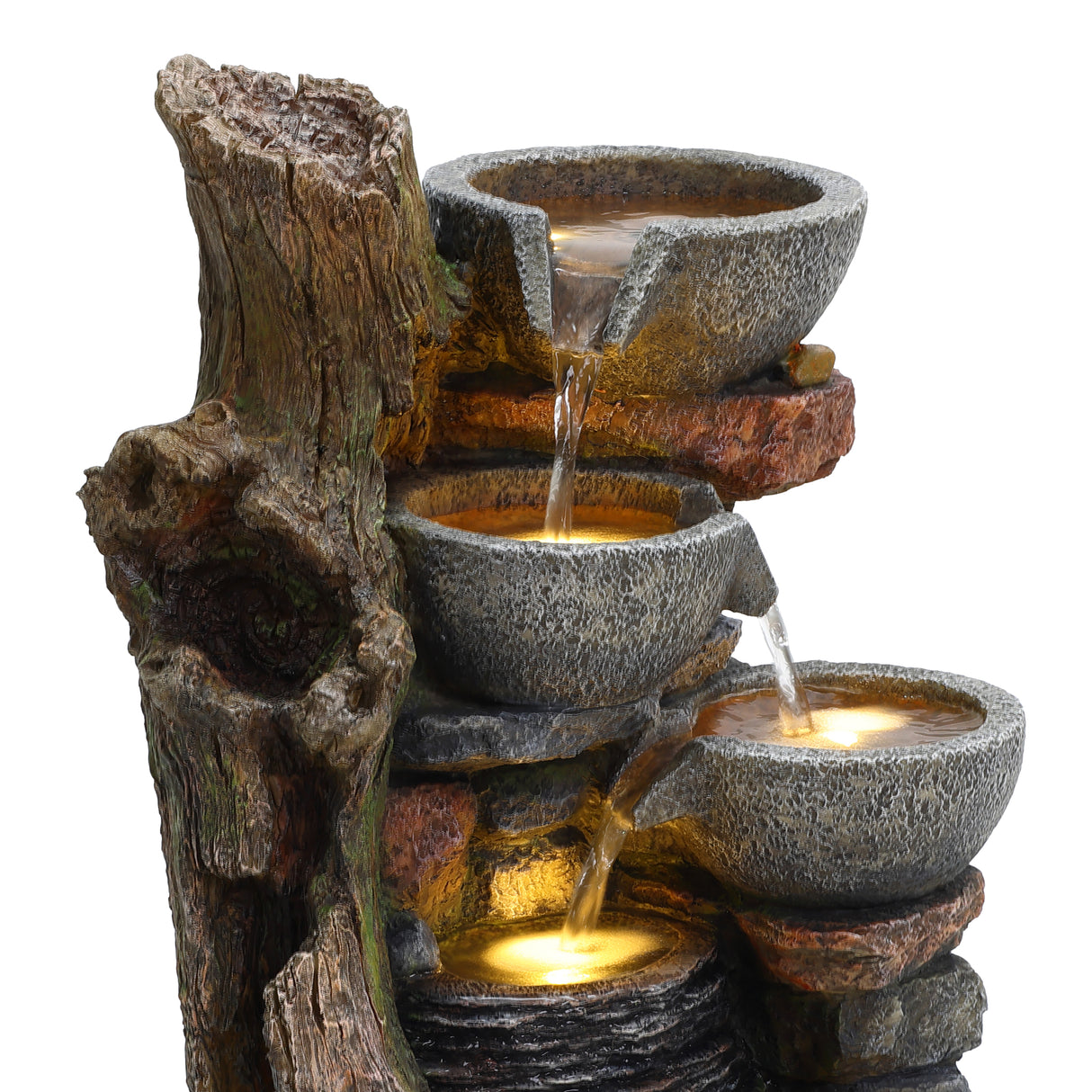Rustic electric water feature with cascading bowls, textured stone finish, and warm glowing lights, enhancing outdoor decor