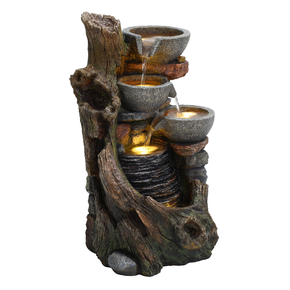 Rustic electric water feature with three stone bowls cascading water over textured wood, creating a serene outdoor ambiance