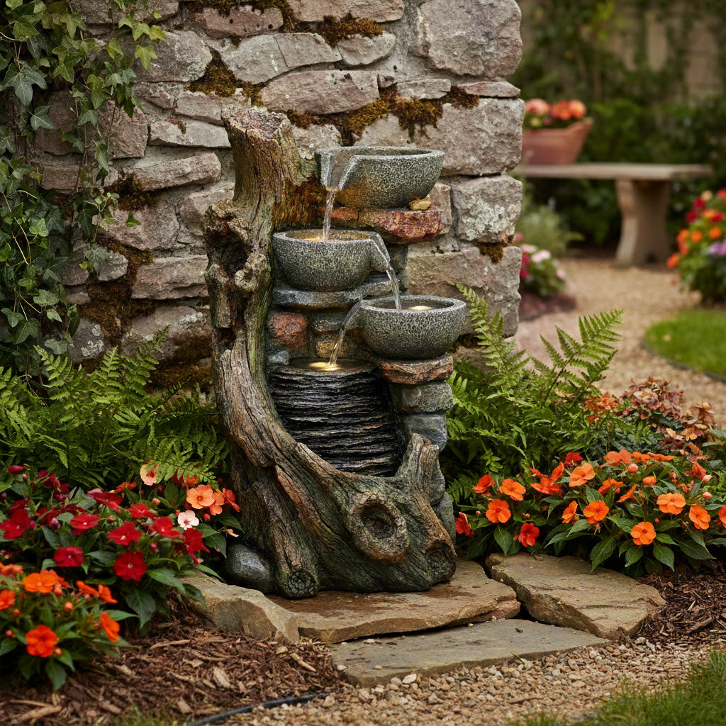 Rustic electric water feature with three cascading bowls, textured stone finish, surrounded by vibrant flowers and greenery