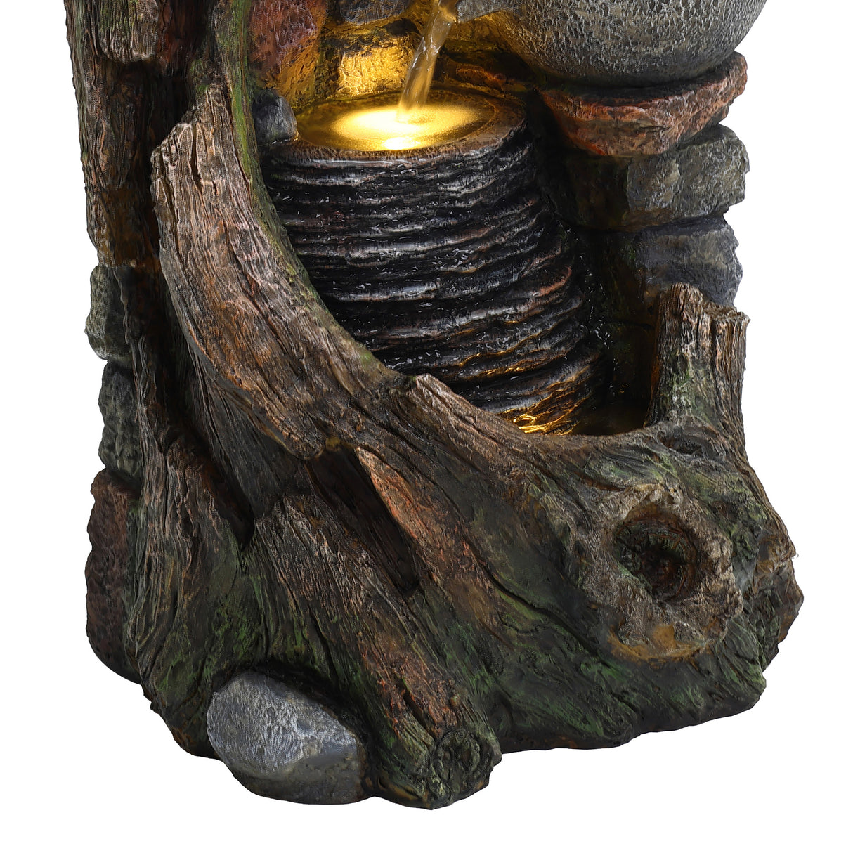 Rustic electric water feature with textured stone and wood design, featuring cascading water over stacked rocks and a soft glow from the light