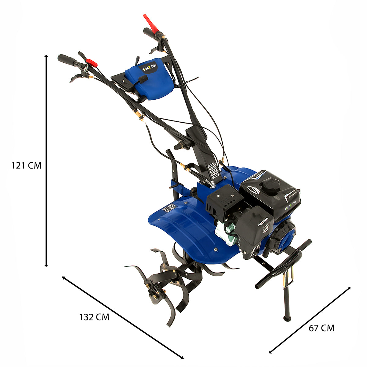 Powerful 7.5hp petrol rotavator in blue, featuring sturdy metal tines, ergonomic handles, and adjustable depth settings for effective tilling