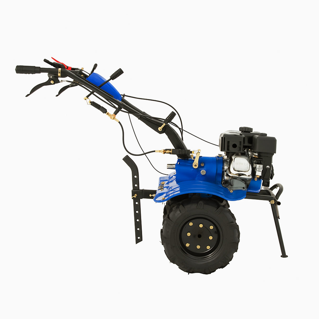 Compact 7.5hp petrol rotavator with a blue body, sturdy black wheels, and adjustable handles for easy maneuverability in gardens