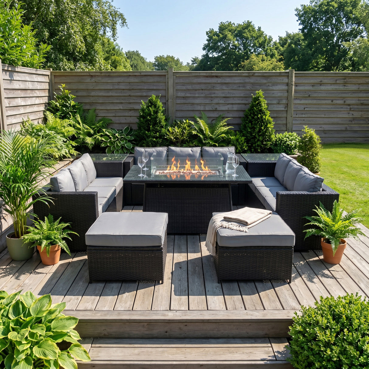 11 Seater Rattan Furniture Set With Firepit – Black