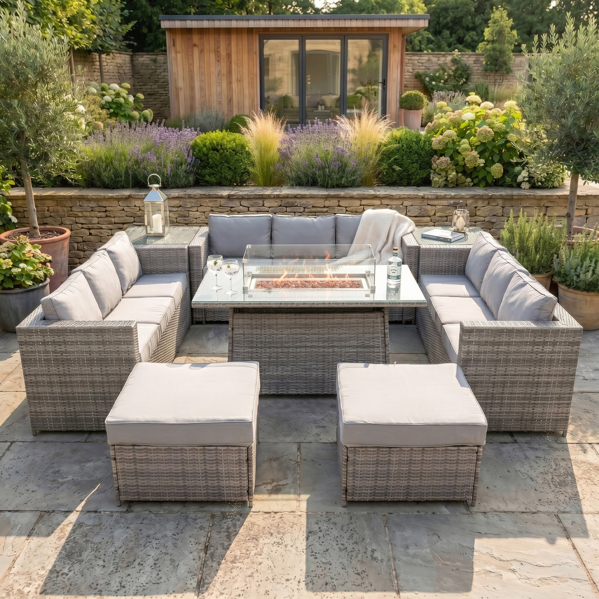 11 Seater Rattan Furniture Set With Firepit – Grey