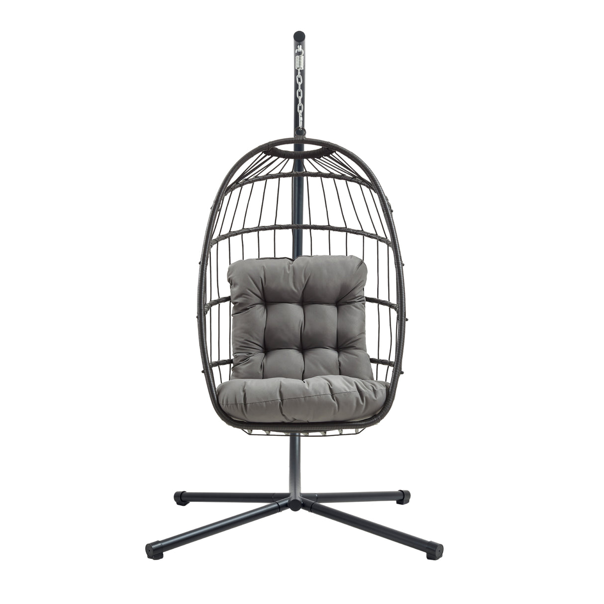 Black rattan hanging egg chair with a plush gray cushion, featuring a sturdy metal stand and a modern, stylish design