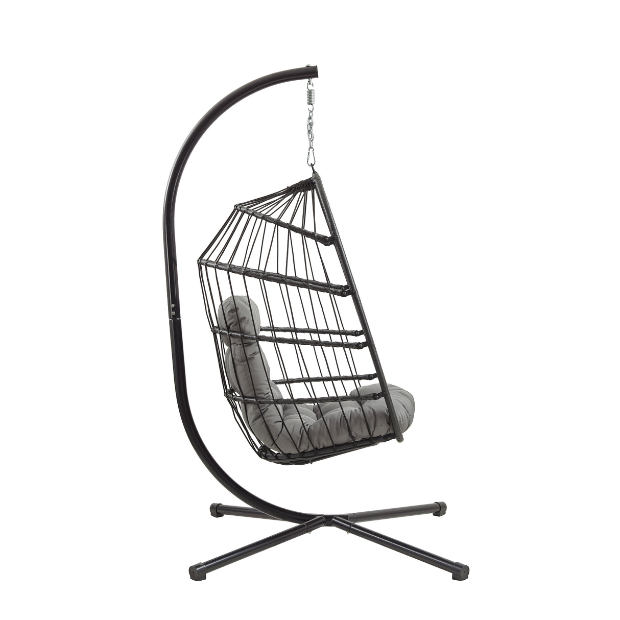 Stylish black rattan hanging egg chair with a curved metal frame and plush gray cushion, perfect for indoor or outdoor relaxation