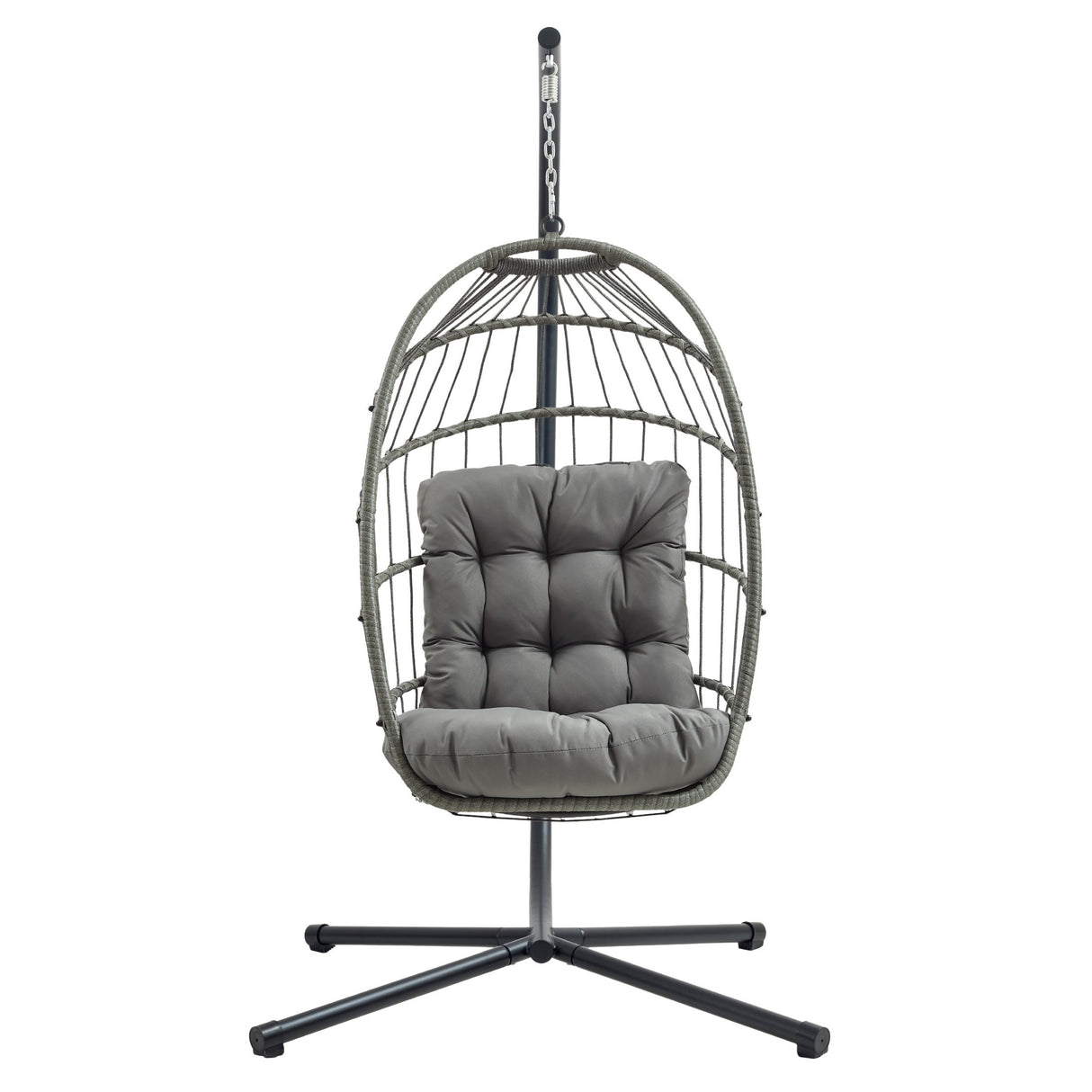 Stylish grey rattan hanging egg chair with plush cushion, featuring a sturdy metal stand and a modern, airy design for relaxation