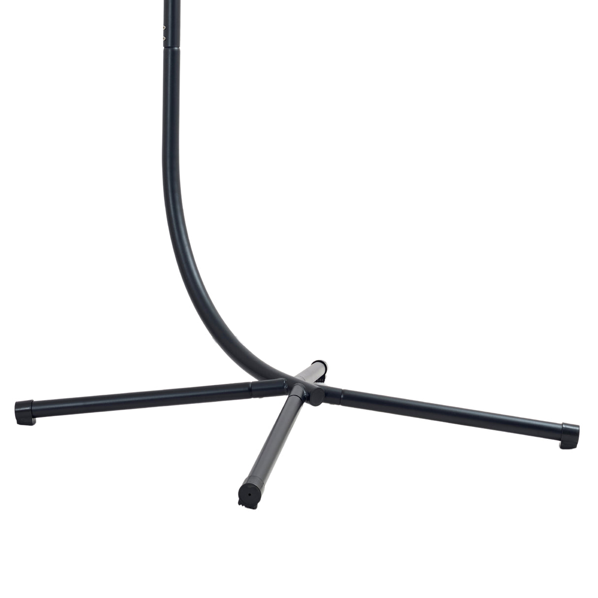 Curved black metal stand supporting a grey rattan hanging egg chair, featuring a woven texture and spacious, cozy design