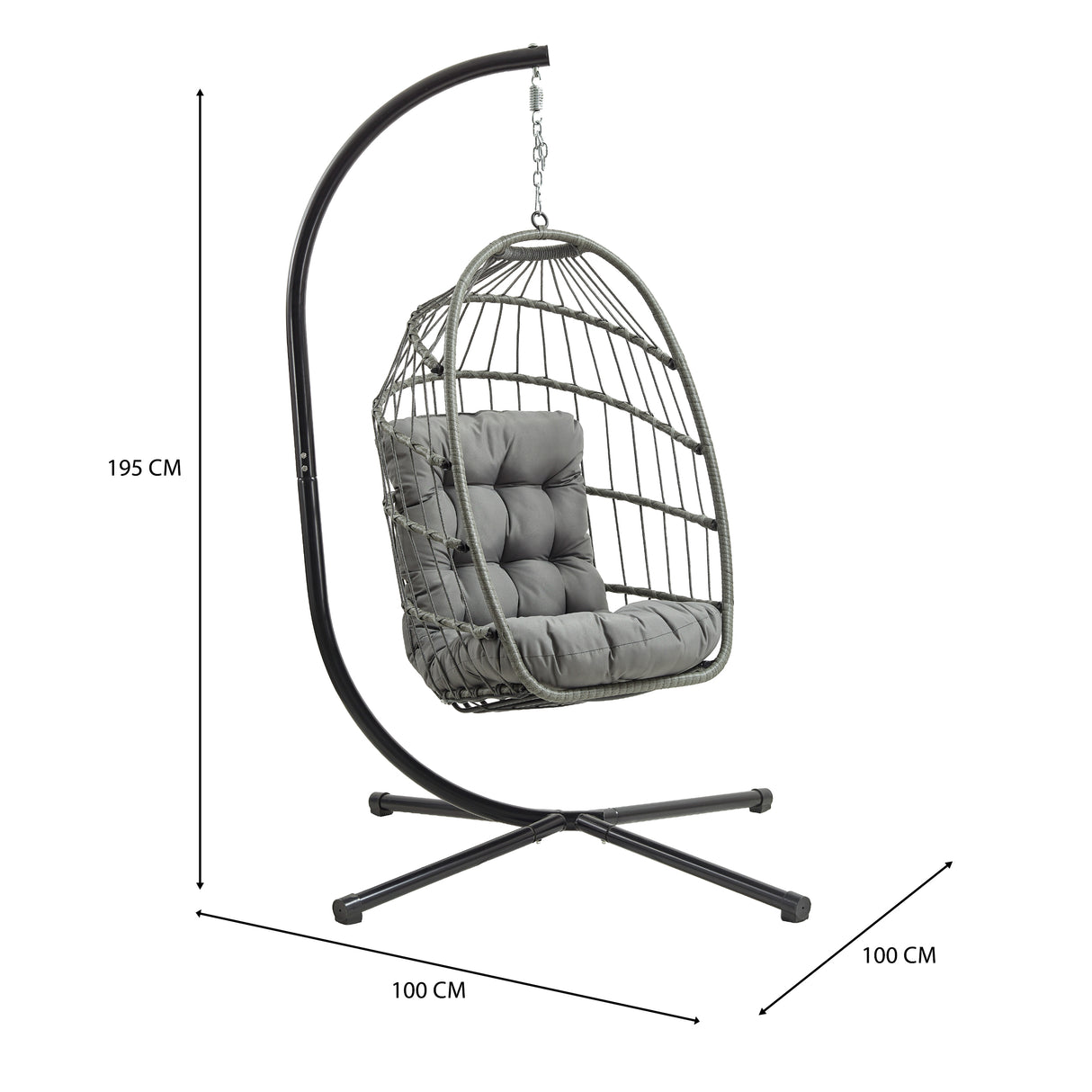Grey rattan hanging egg chair with plush cushion, suspended from a sleek black metal frame, ideal for indoor or outdoor relaxation