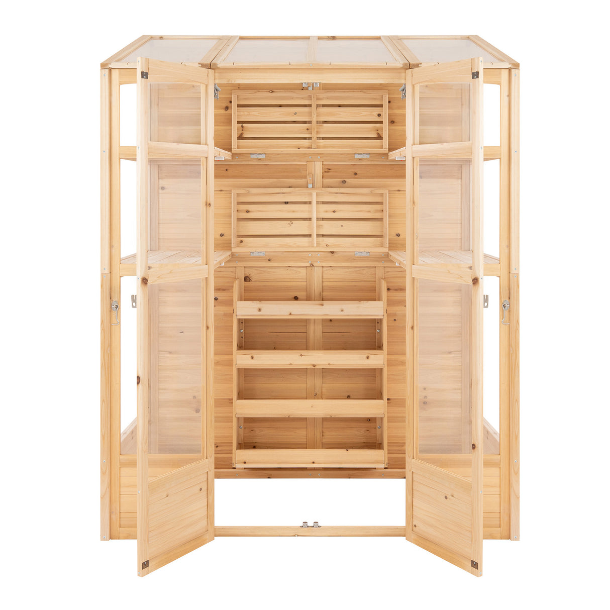 Victorian greenhouse in natural wood, featuring multiple shelves, clear glass panels, and a spacious interior for plants