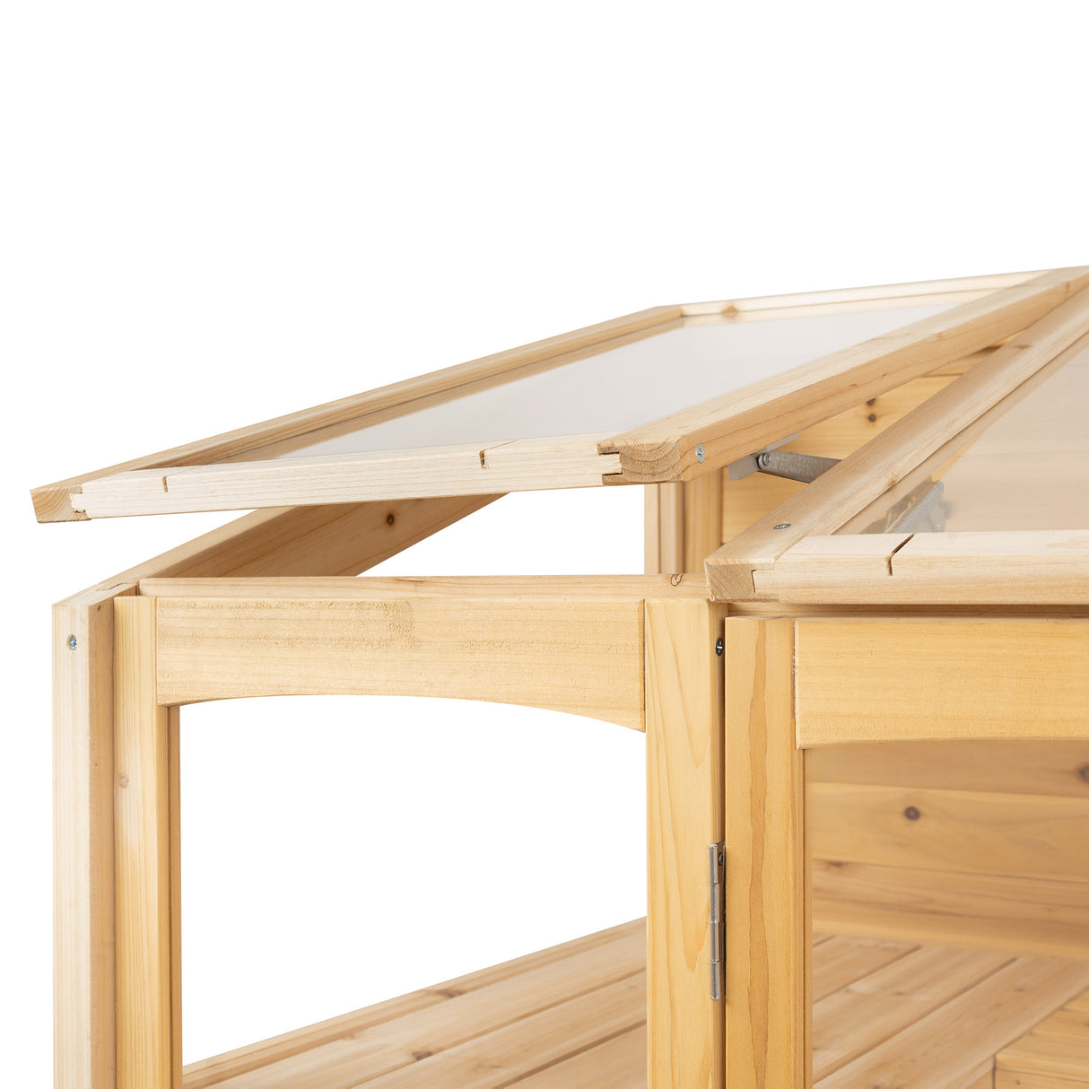 Natural wood Victorian greenhouse with clear glass panels, featuring a sloped roof and detailed wooden framing for optimal sunlight