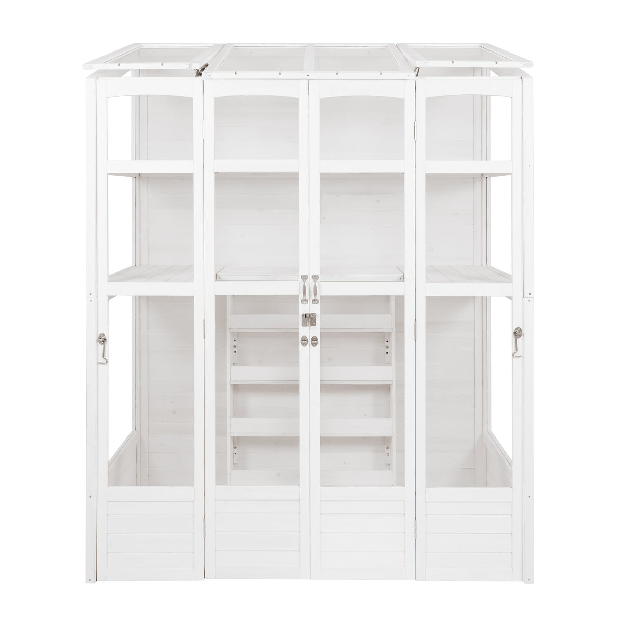 Victorian-style white greenhouse featuring multiple shelves, large glass panels, and elegant double doors for easy access