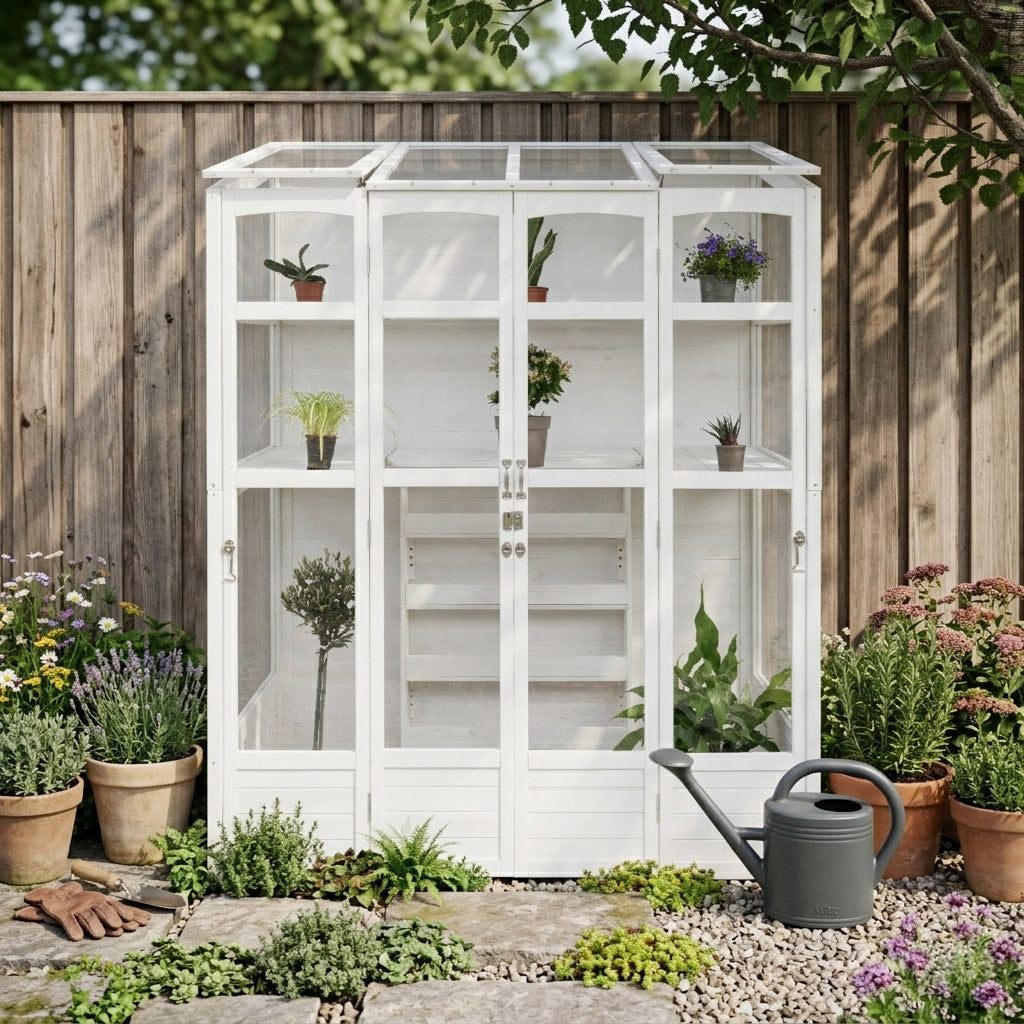 Victorian white greenhouse with glass panels, surrounded by vibrant flowers and potted plants, set against a wooden fence