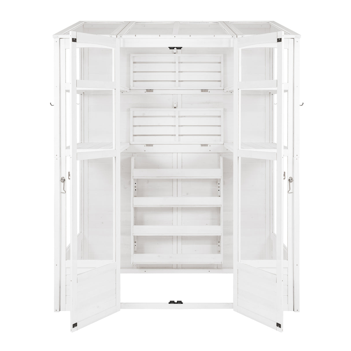 Victorian-style white greenhouse with double doors, wooden slats, and multiple shelves for plants, showcasing elegant design and functionality