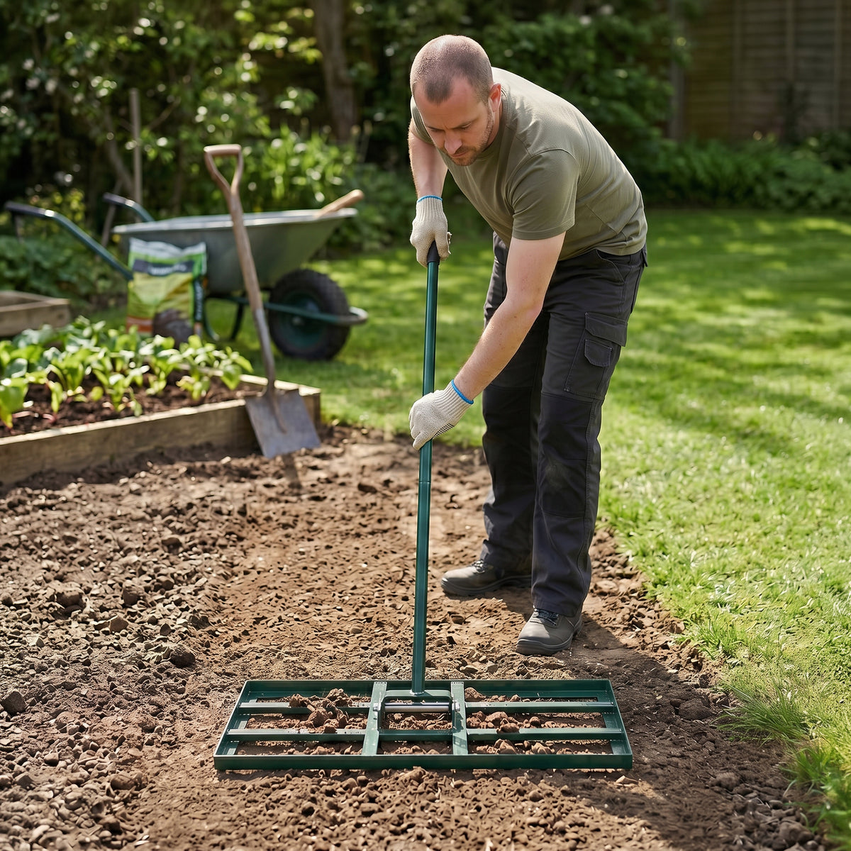 Man using a green 100cm lawn leveller on a garden bed, leveling soil with a sturdy metal frame and long handle, surrounded by greenery