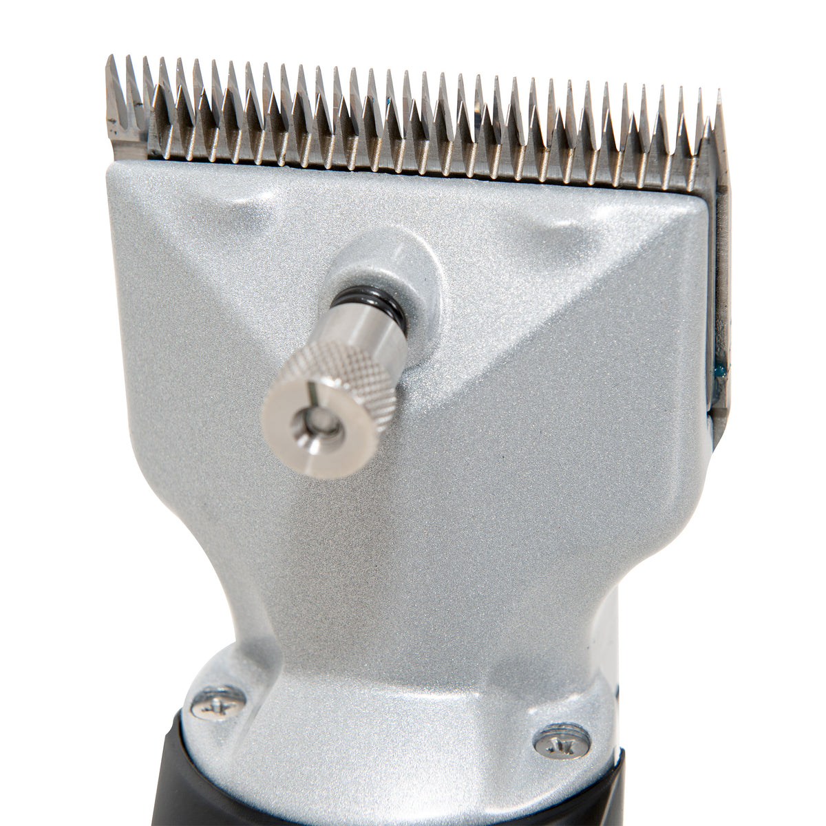Cordless horse clippers in sleek black with a silver blade, featuring sharp teeth for precise grooming and a comfortable grip