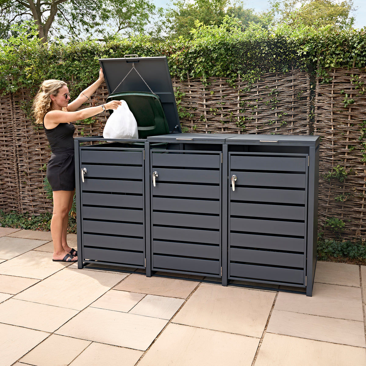 Triple Wheelie Bin Metal Storage - Anthracite Grey - view 12