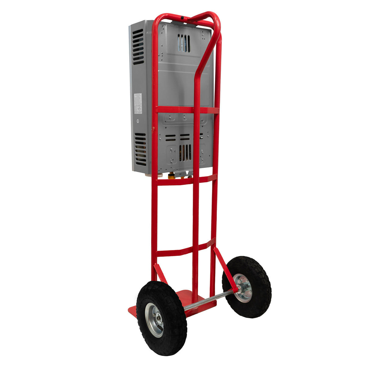 Portable horse shower with a sturdy red metal frame, large black wheels, and a silver heating unit for easy mobility and use
