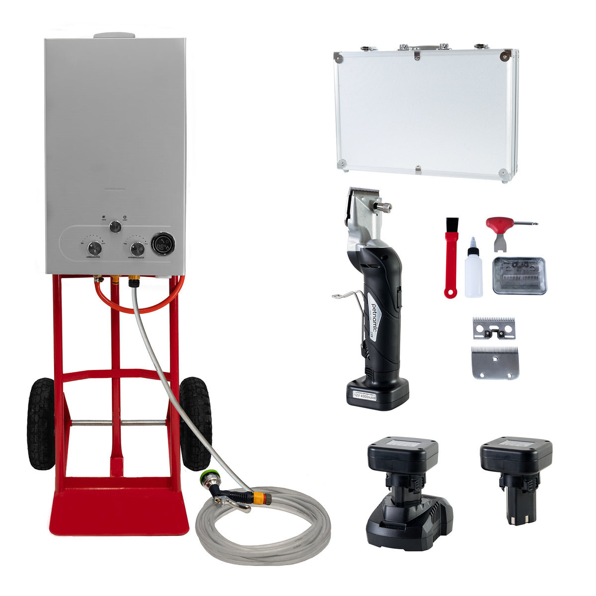 Portable horse shower system with cordless clippers, featuring a stainless steel tank, red cart, and essential grooming tools