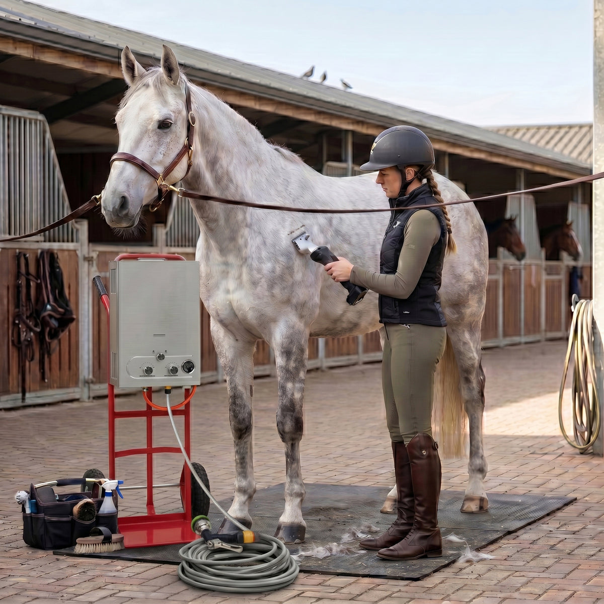 A rider in a helmet grooms a gray horse using a clipper, with grooming tools and a hose nearby in a stable setting