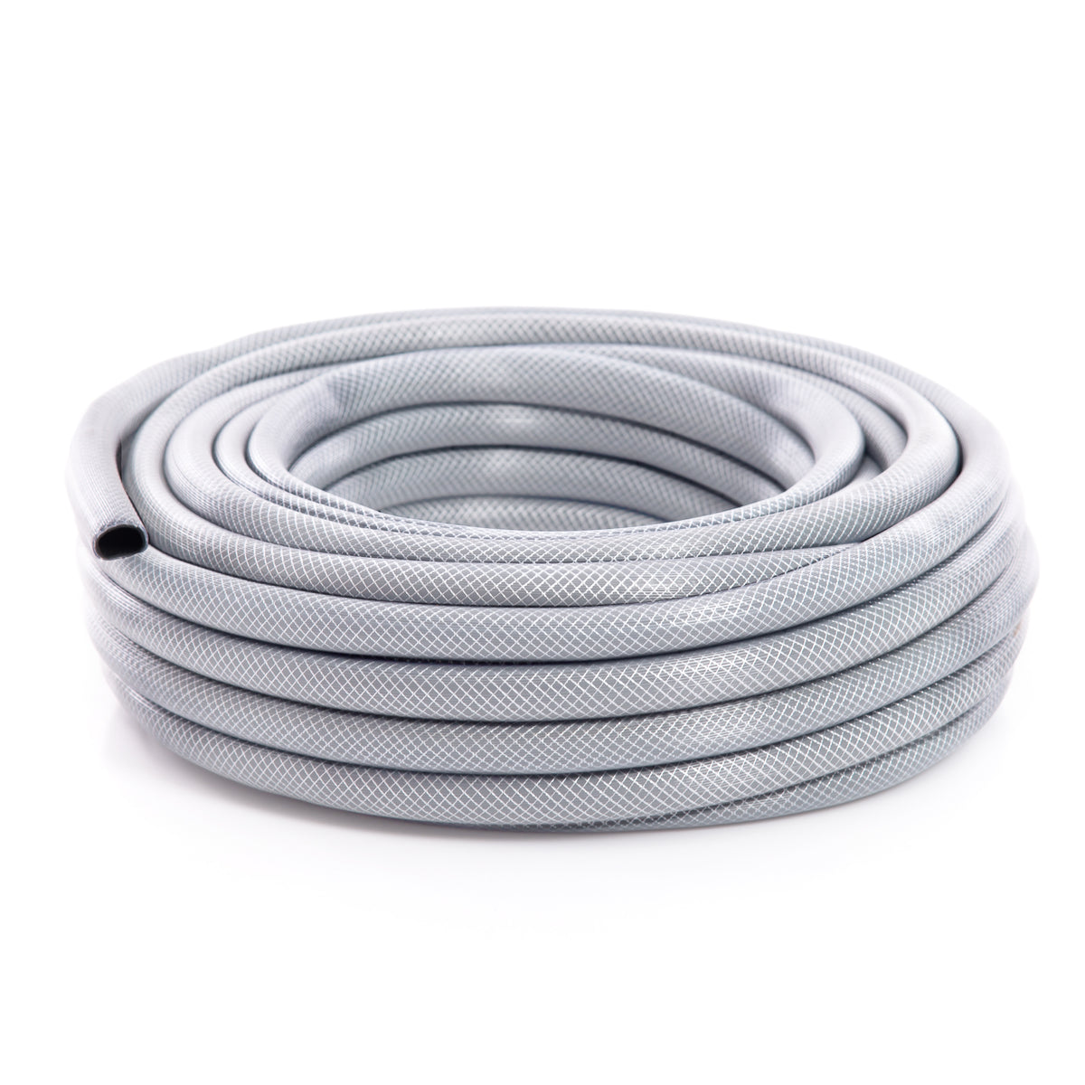 Flexible gray garden hose coiled neatly, featuring a textured surface for improved grip and durability, ideal for outdoor watering tasks