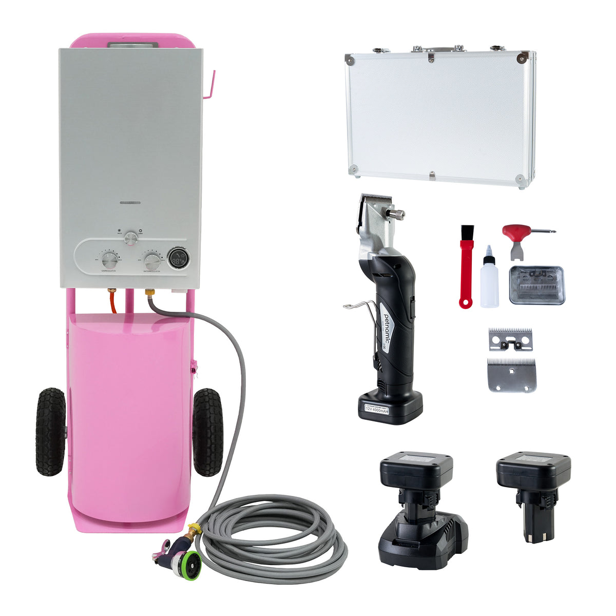Cordless pink horse shower with clippers, hose, and accessories, featuring a sleek design and durable materials for grooming convenience