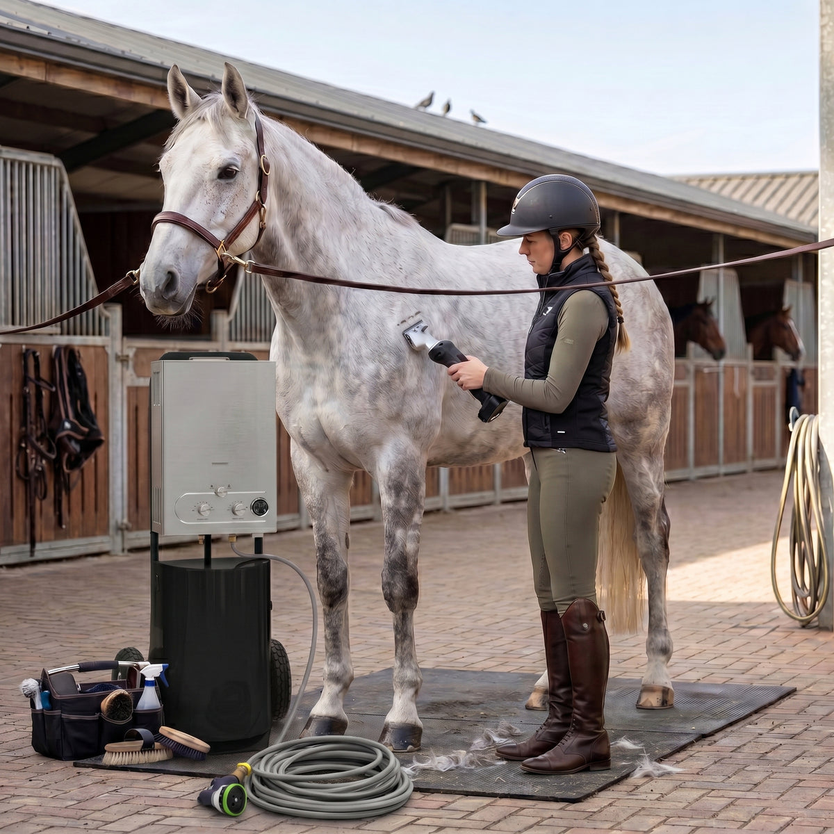 A woman in riding gear uses cordless clippers on a gray horse, with a portable shower unit and grooming tools nearby in a stable setting