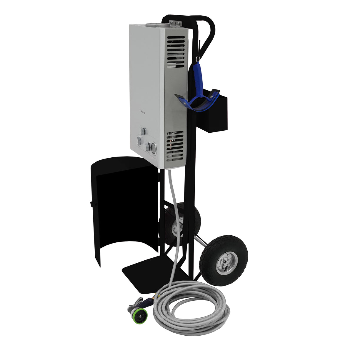 Cordless black horse shower with a sleek design, featuring a sturdy cart, wheels, and a long hose for easy maneuverability