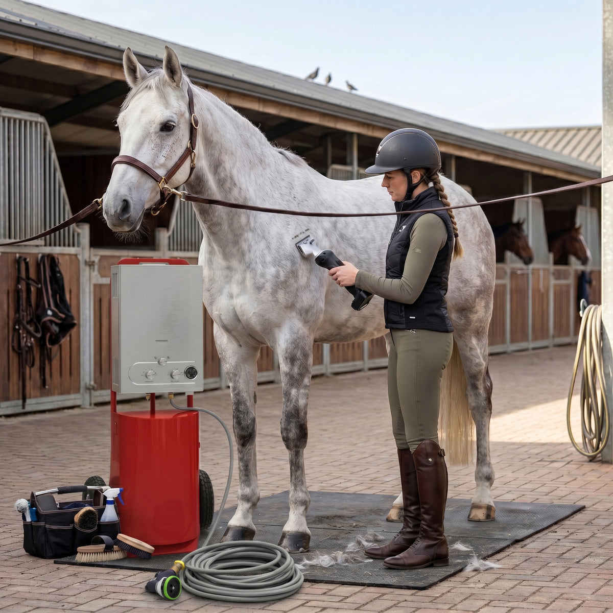A rider in a black vest and helmet uses red cordless clippers on a gray horse, surrounded by grooming tools in a stable setting