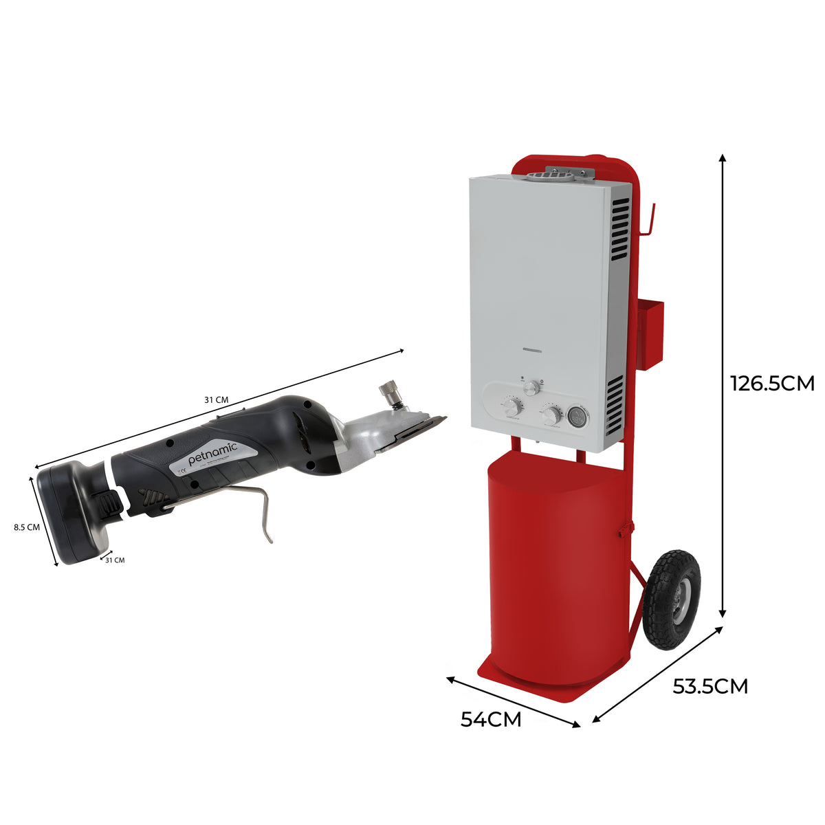 Cordless red horse shower and clippers set, featuring a sleek design, durable materials, and convenient wheels for mobility