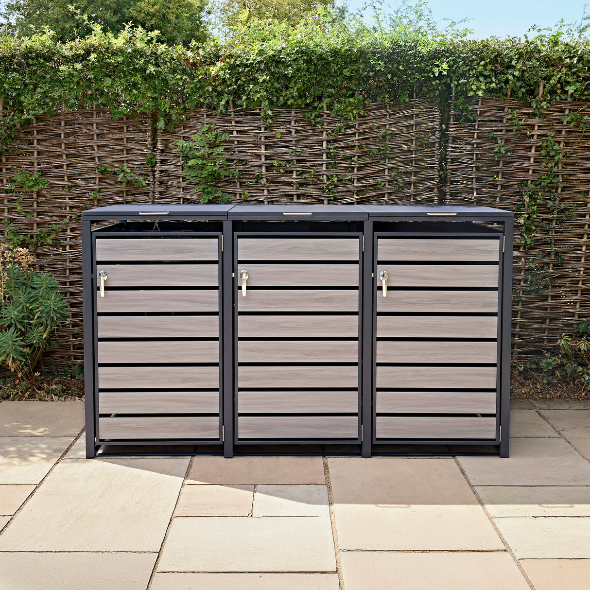 Triple Wheelie Bin Metal Storage - Anthracite Grey Wood - view 11