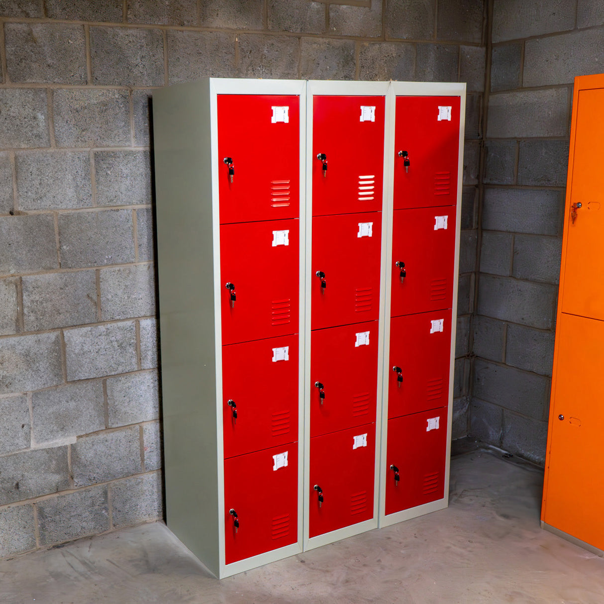 3 x Metal Storage Lockers - Four Doors, Red