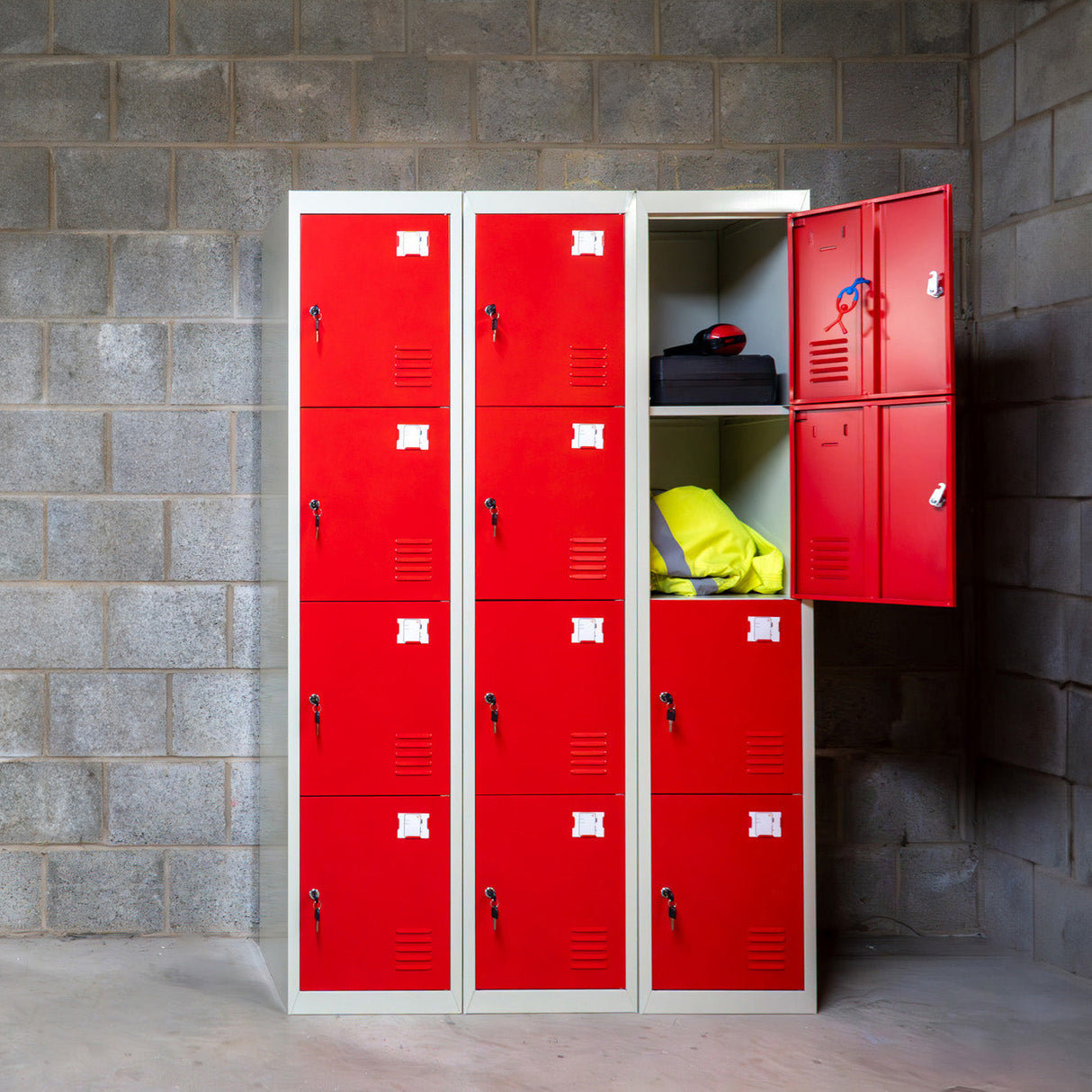 3 x Metal Storage Lockers - Four Doors, Red