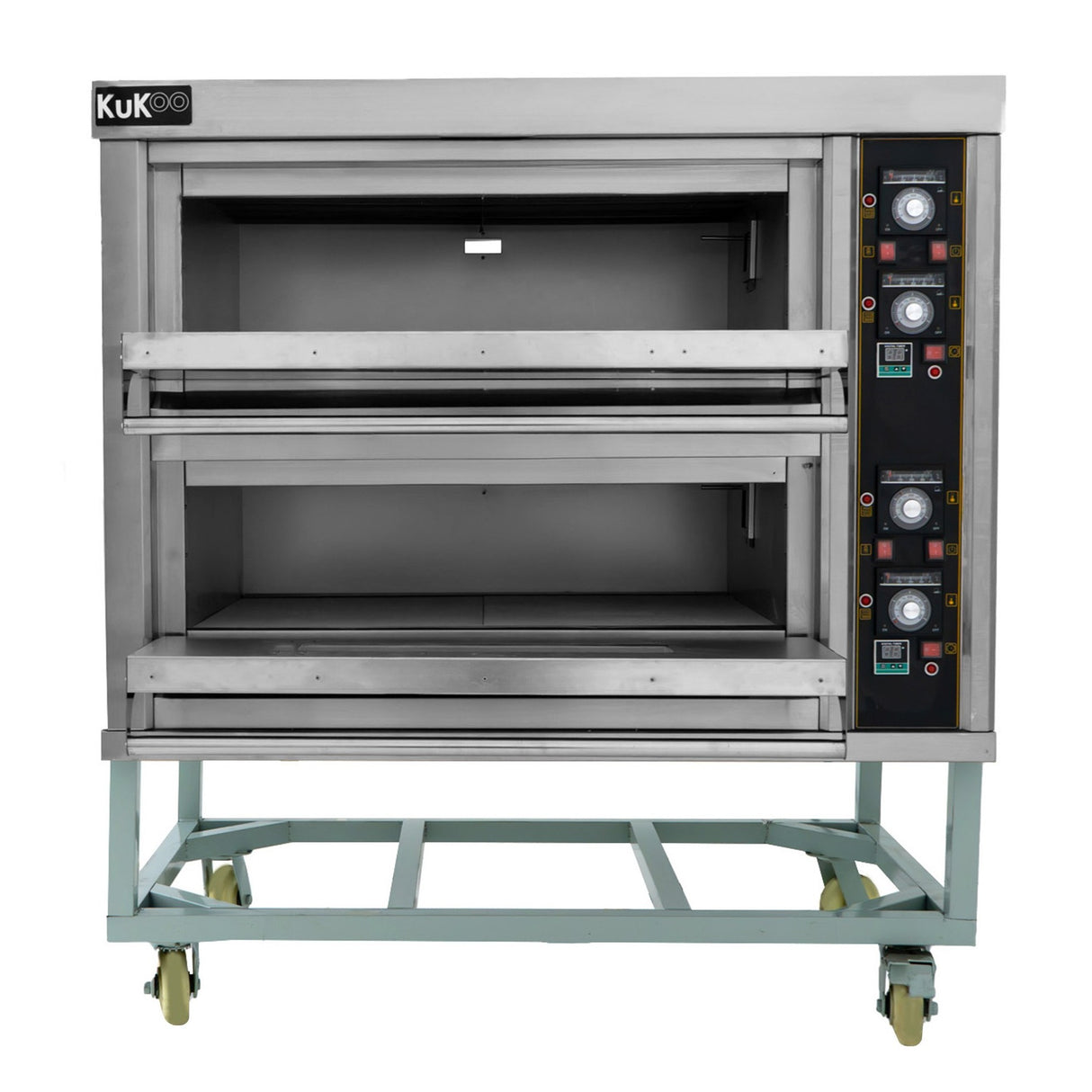 Stainless steel commercial pizza oven with two spacious baking chambers, adjustable temperature controls, and a sturdy wheeled base