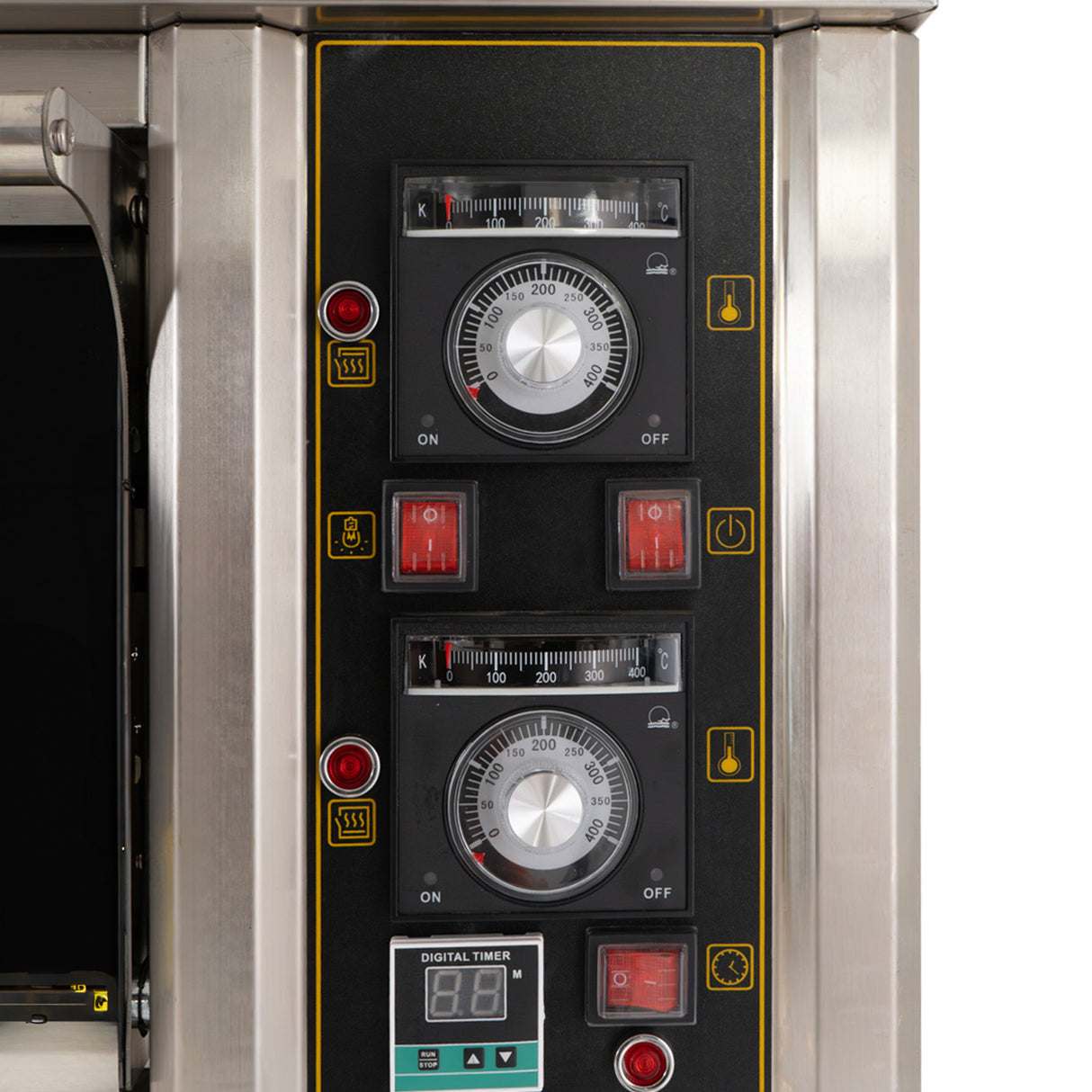 Stainless steel control panel of the KuKoo large commercial pizza oven featuring dials, timers, and indicator lights for precise baking