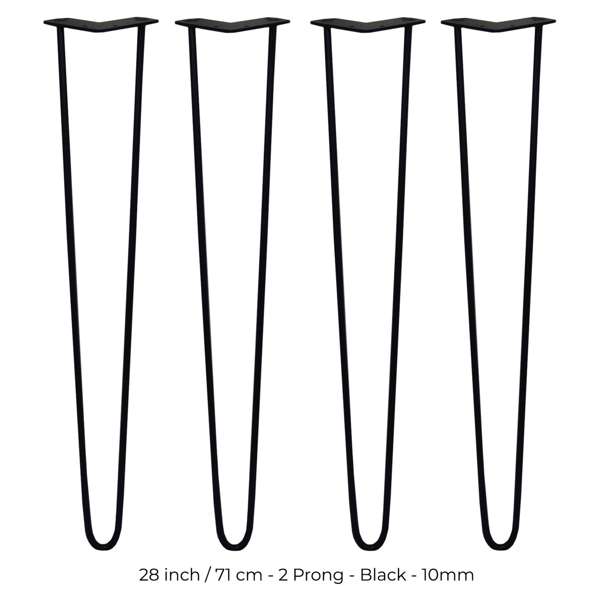 Set of four 28-inch black hairpin legs with a sleek, minimalist design, featuring a sturdy 10mm metal construction and two prongs