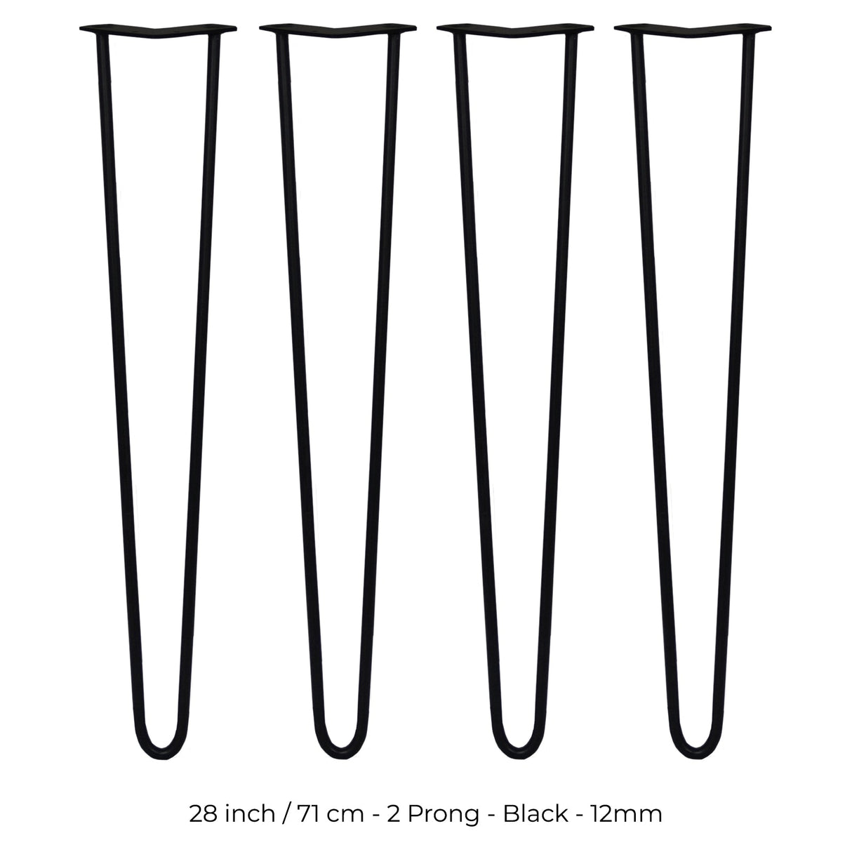 Set of four 28-inch black hairpin legs with a sleek, minimalist design, featuring a sturdy 12mm diameter and two prongs for stability
