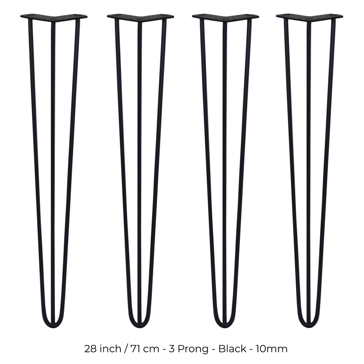 4 x 28" Hairpin Legs - 3 Prong - 10mm - Black