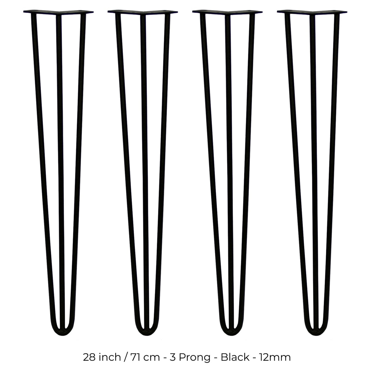 Set of four 28-inch black hairpin legs with a sleek three-prong design, made of durable 12mm metal for sturdy support