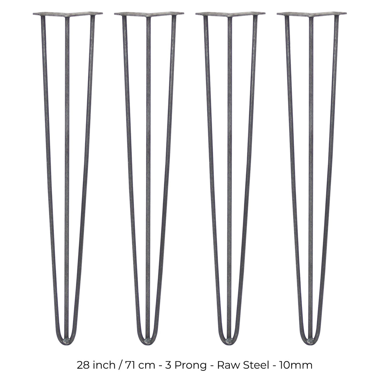 4 x 28" Hairpin Legs - 3 Prong - 10mm - Raw Steel