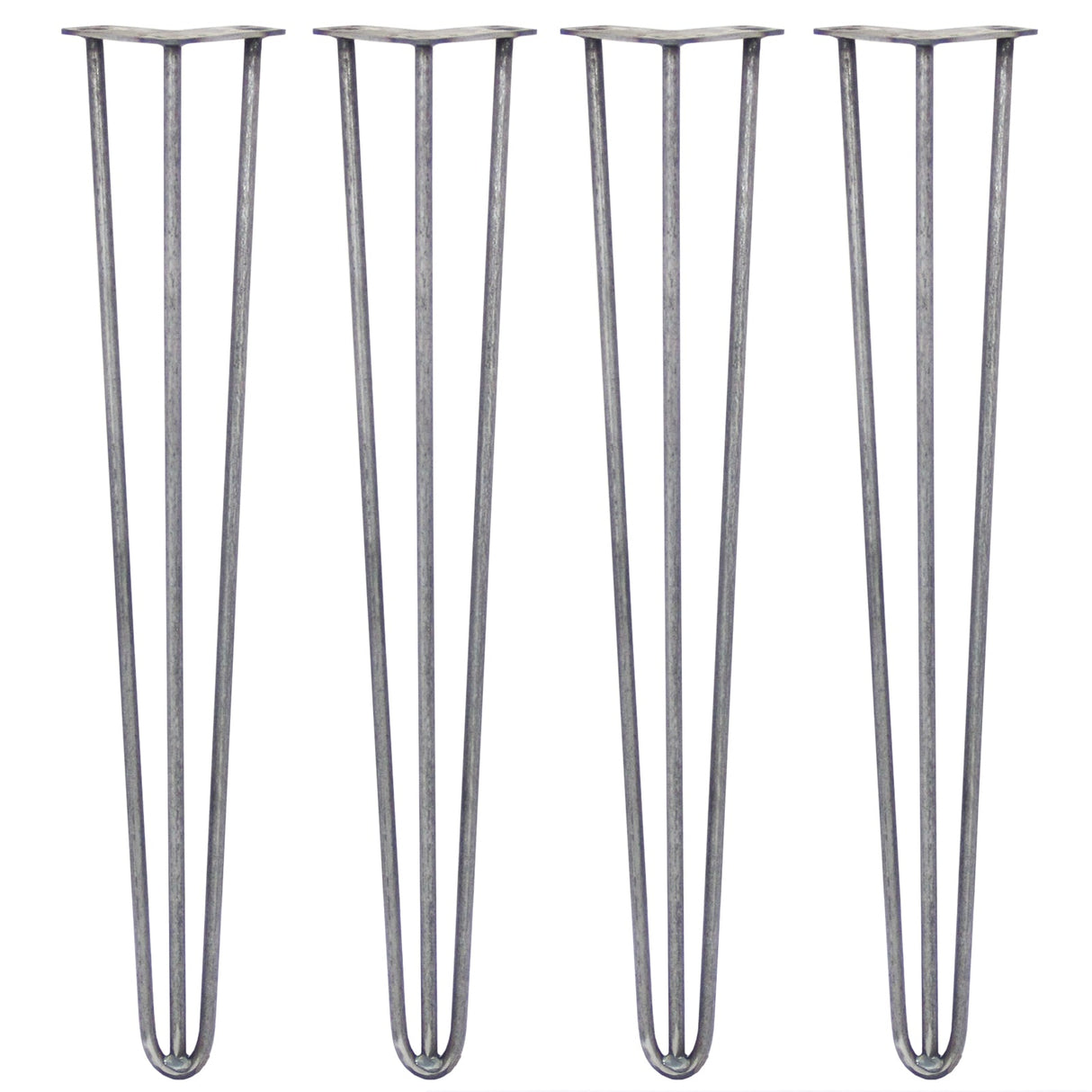 Four 28-inch hairpin legs in raw steel, featuring a sleek three-prong design with a smooth, industrial finish and sturdy construction