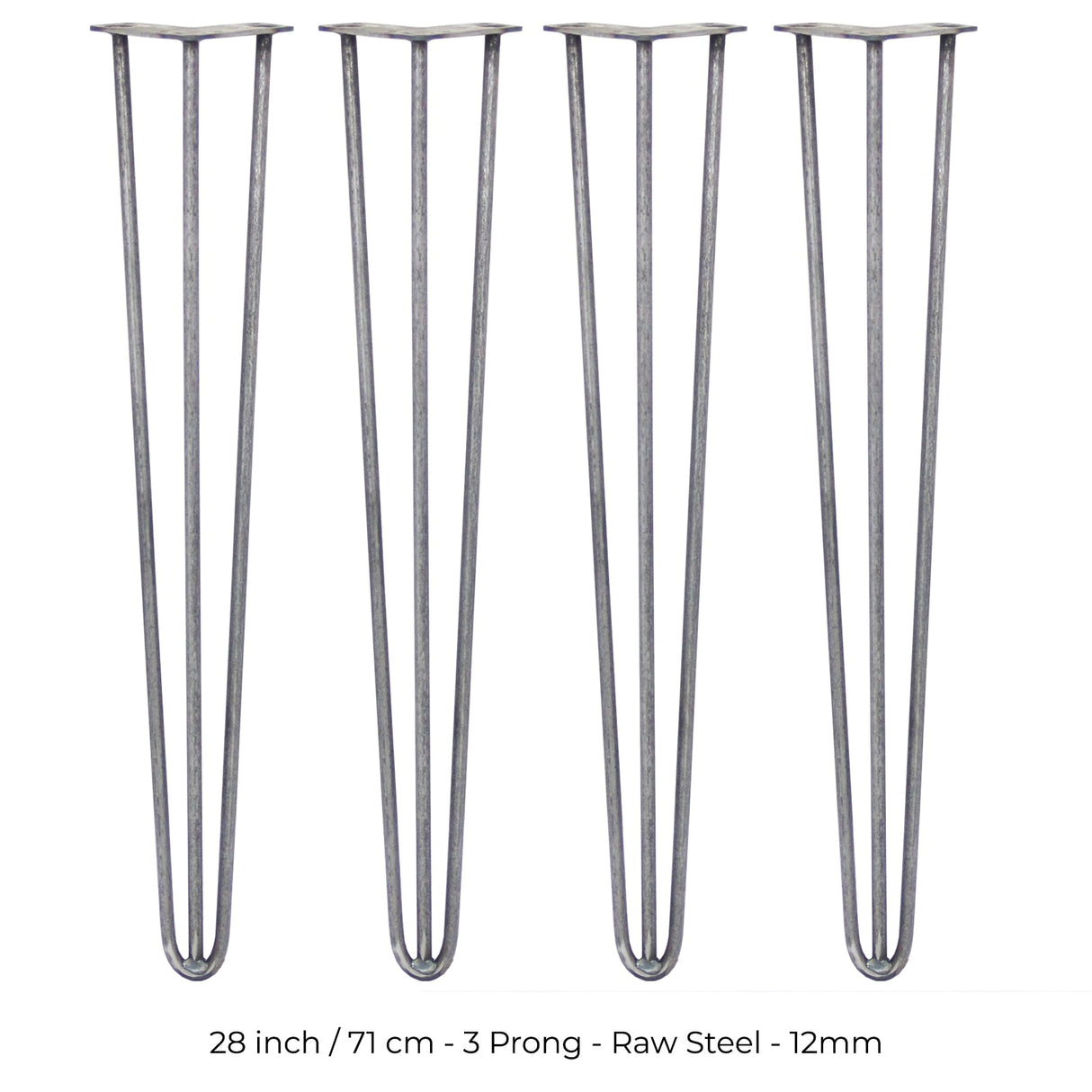 Four 28-inch hairpin legs made of raw steel, featuring a sleek three-prong design and a sturdy 12mm thickness for furniture projects