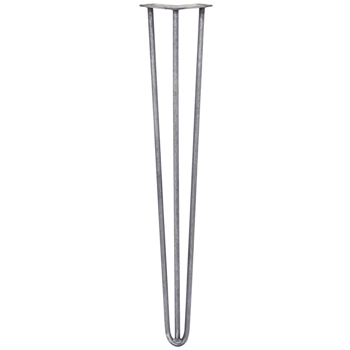 Raw steel hairpin leg with three prongs, measuring 28 inches tall, featuring a sleek, minimalist design ideal for furniture projects