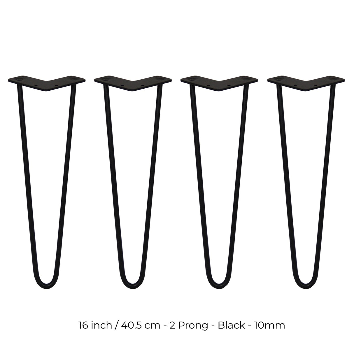 Black 16-inch hairpin legs with a sleek 2-prong design, made of durable 10mm metal, perfect for modern furniture projects