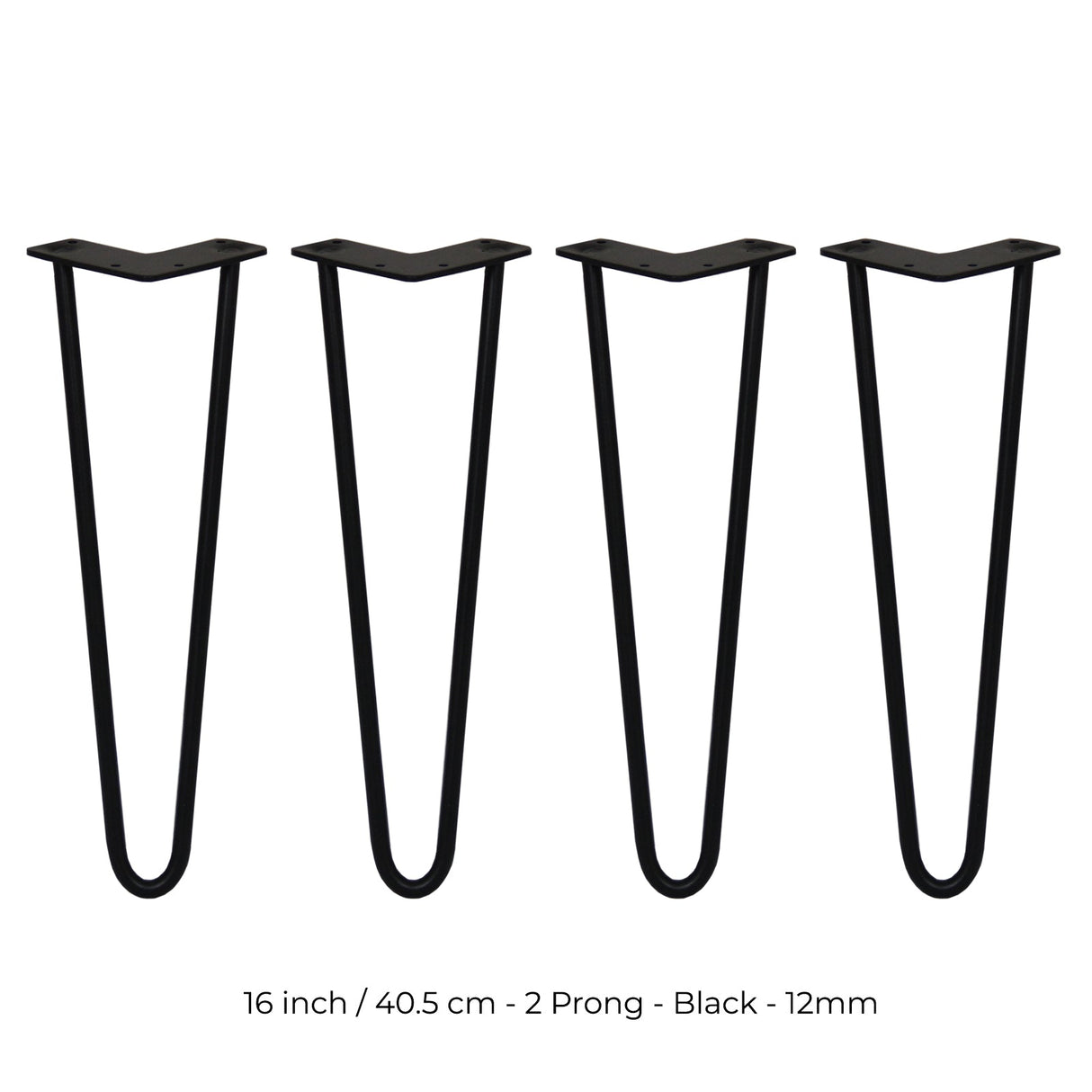 4 x 16" Hairpin Legs - 2 Prong - 12mm - Black